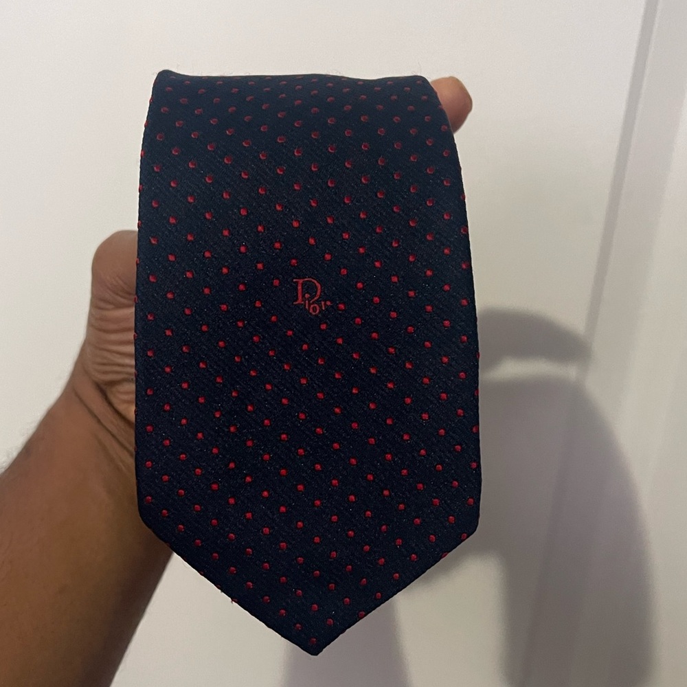 Christian Dior Tie Navy Blue with red tiny spots Sz Os